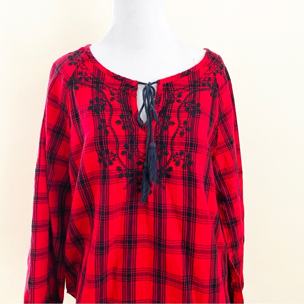 Soho Jeans Blouse New York & Co Red Plaid Button Popover Shirt Medium Top Tartan